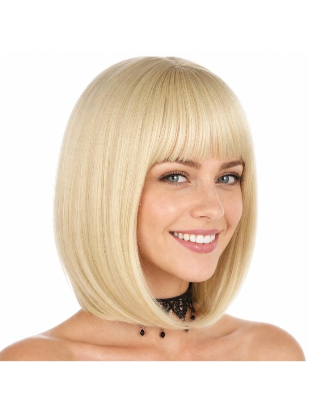 Women's Light Blonde Short Straight Bob Wig with Bangs 12 Inch Synthetic Hair